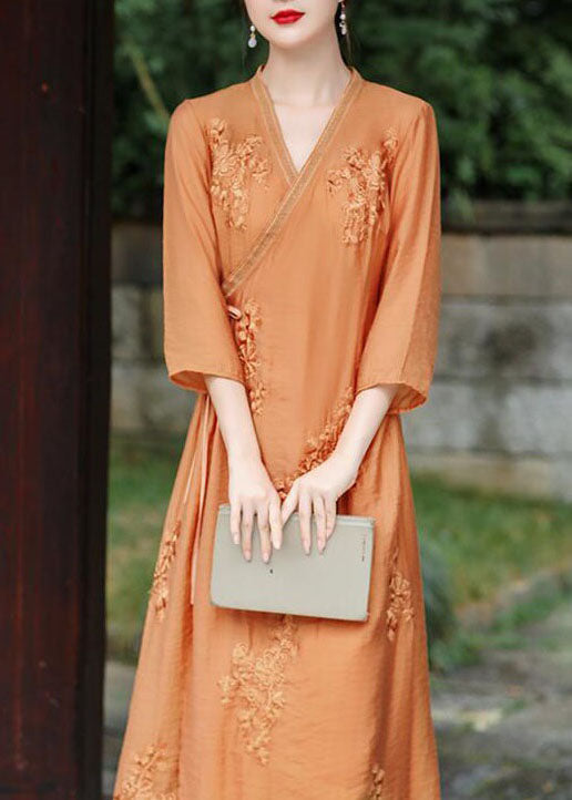 Natural Orange V Neck Embroideried Patchwork Silk Dress Summer LY1679 - fabuloryshop