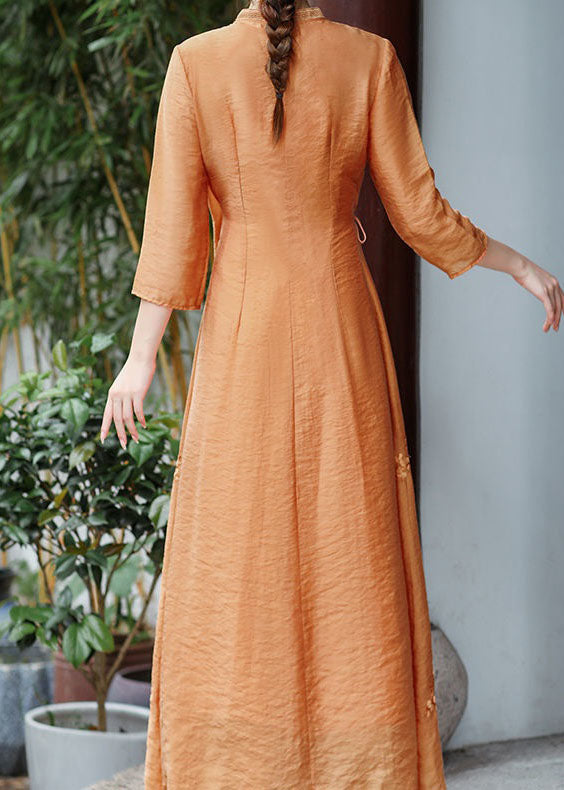 Natural Orange V Neck Embroideried Patchwork Silk Dress Summer LY1679 - fabuloryshop