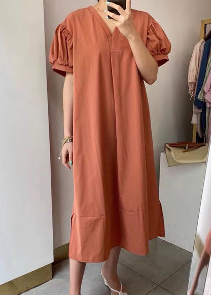 Natural Orange V Neck Patchwork Cotton Dresses Summer LY2172 - fabuloryshop