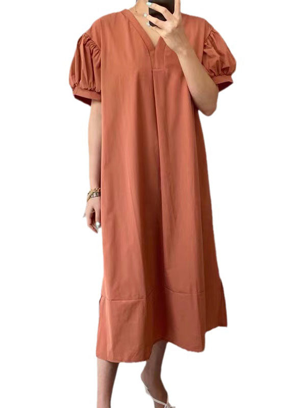 Natural Orange V Neck Patchwork Cotton Dresses Summer LY2172 - fabuloryshop