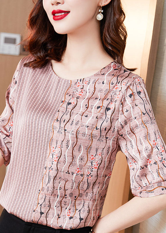 Natural Pink O Neck Patchwork Print Silk T Shirt Tops Summer LY0437 - fabuloryshop