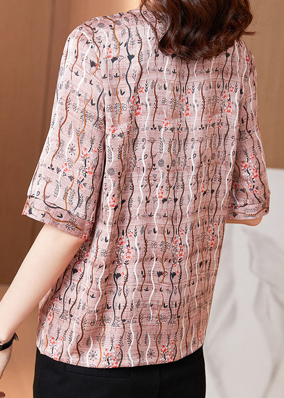 Natural Pink O Neck Patchwork Print Silk T Shirt Tops Summer LY0437