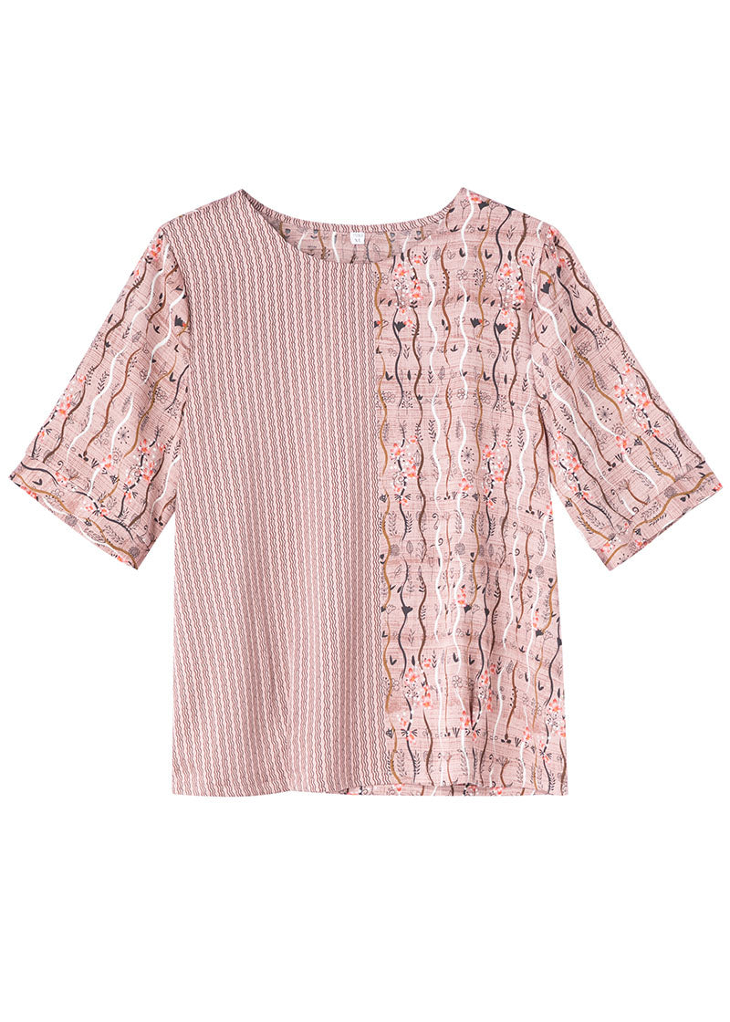 Natural Pink O Neck Patchwork Print Silk T Shirt Tops Summer LY0437