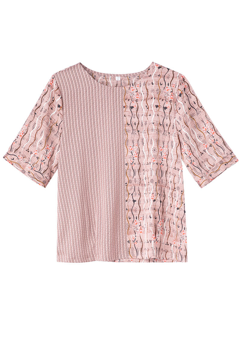 Natural Pink O Neck Patchwork Print Silk T Shirt Tops Summer LY0437 - fabuloryshop