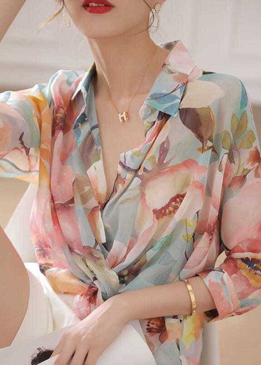 Natural Pink Peter Pan Collar Print Silk Top Bracelet Sleeve LY0404 - fabuloryshop