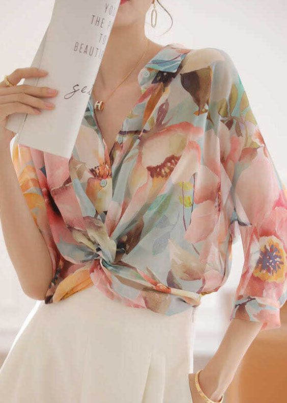 Natural Pink Peter Pan Collar Print Silk Top Bracelet Sleeve LY0404 - fabuloryshop