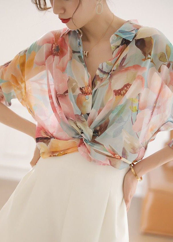 Natural Pink Peter Pan Collar Print Silk Top Bracelet Sleeve LY0404 - fabuloryshop