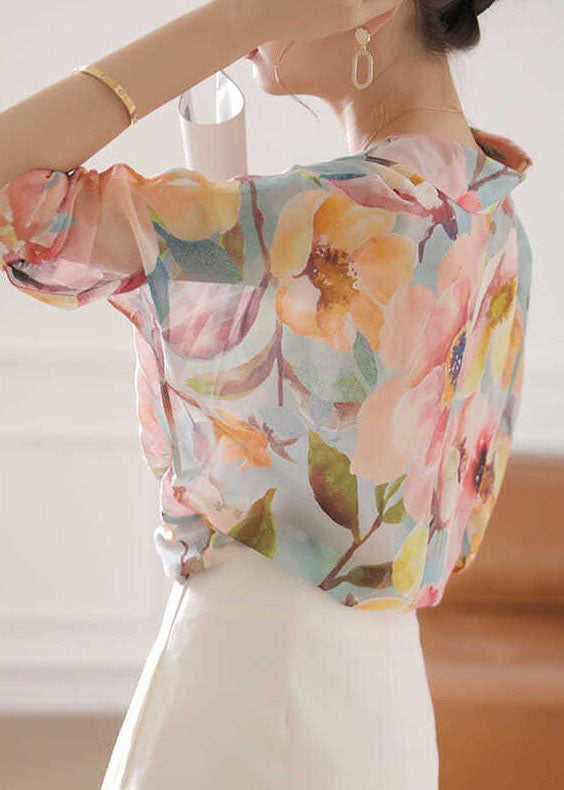 Natural Pink Peter Pan Collar Print Silk Top Bracelet Sleeve LY0404 - fabuloryshop