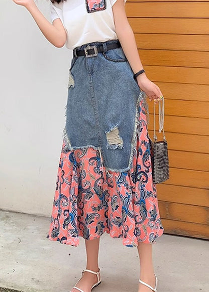 Natural Pink Print Chiffon Patchwork A Line Skirt Summer TY1076 - fabuloryshop