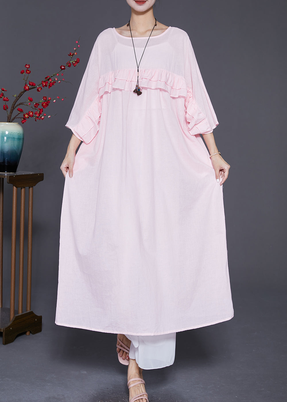 Natural Pink Ruffled Patchwork Linen Robe Dresses Batwing Sleeve Ada Fashion
