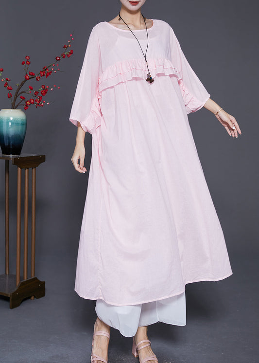 Natural Pink Ruffled Patchwork Linen Robe Dresses Batwing Sleeve Ada Fashion