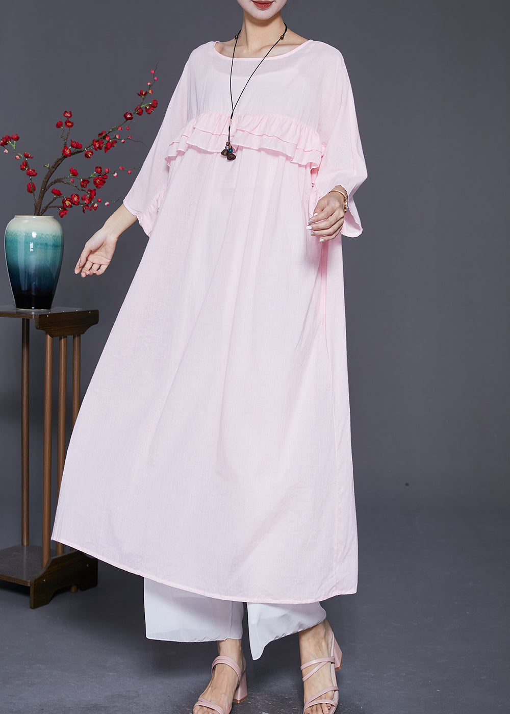 Natural Pink Ruffled Patchwork Linen Robe Dresses Batwing Sleeve Ada Fashion