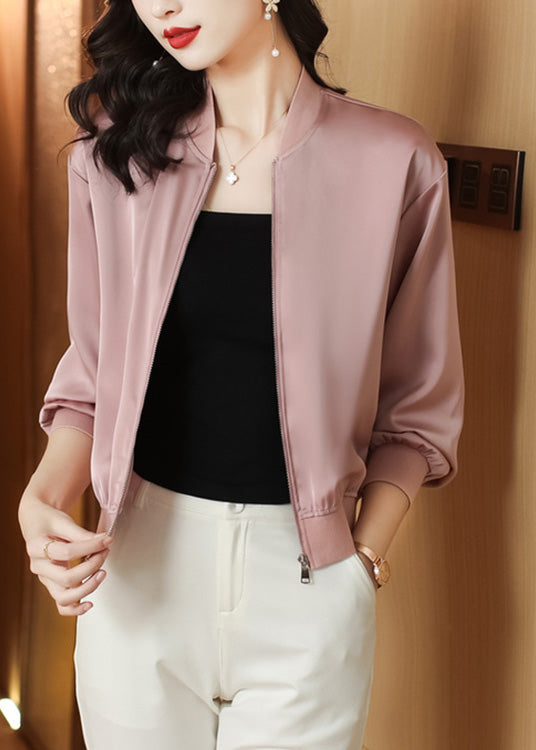 Natural Pink Stand Collar Zippered Solid Coats Long Sleeve LY0440
