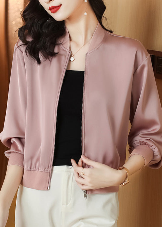 Natural Pink Stand Collar Zippered Solid Coats Long Sleeve LY0440