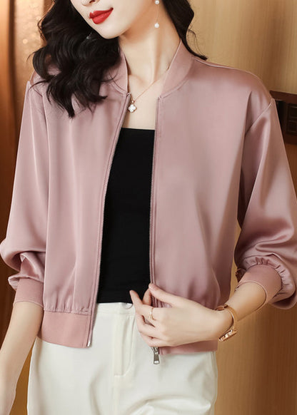 Natural Pink Stand Collar Zippered Solid Coats Long Sleeve LY0440 - fabuloryshop