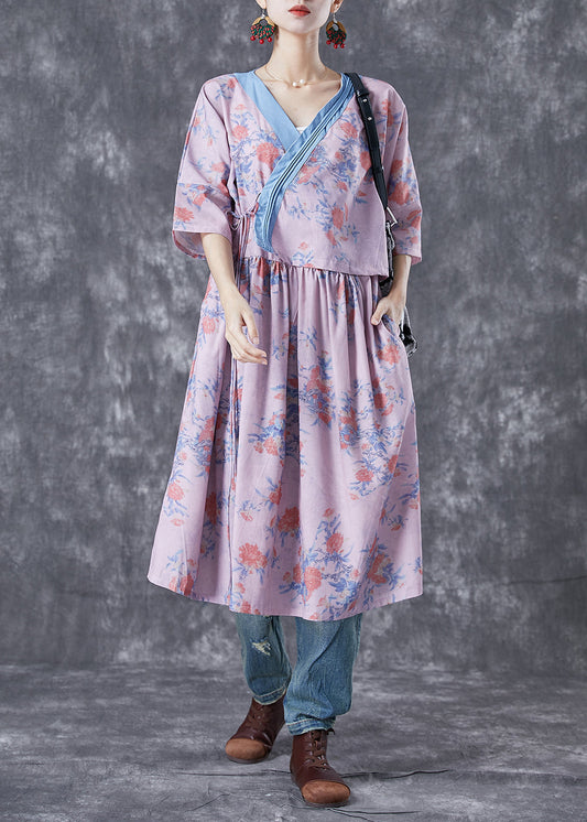 Natural Pink V Neck Patchwork Print Linen Robe Dresses Summer TA1038 - fabuloryshop