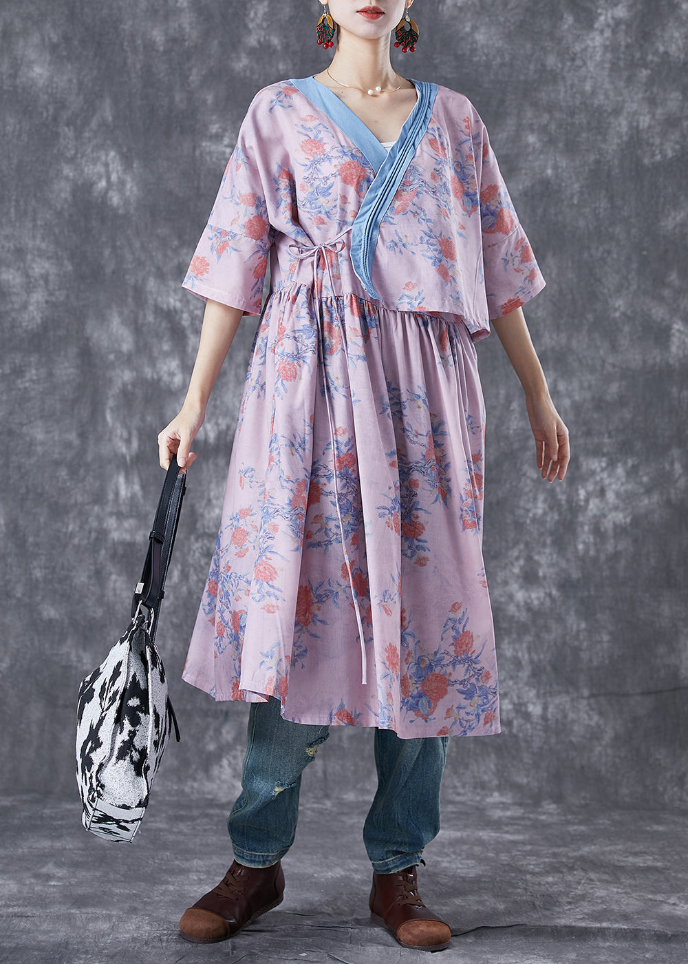 Natural Pink V Neck Patchwork Print Linen Robe Dresses Summer TA1038 - fabuloryshop