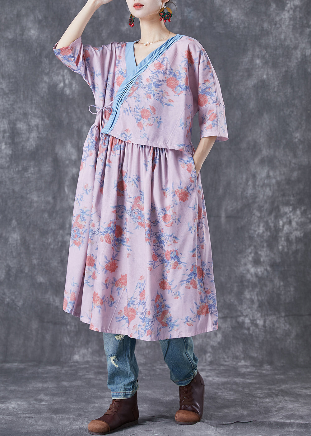 Natural Pink V Neck Patchwork Print Linen Robe Dresses Summer TA1038 - fabuloryshop