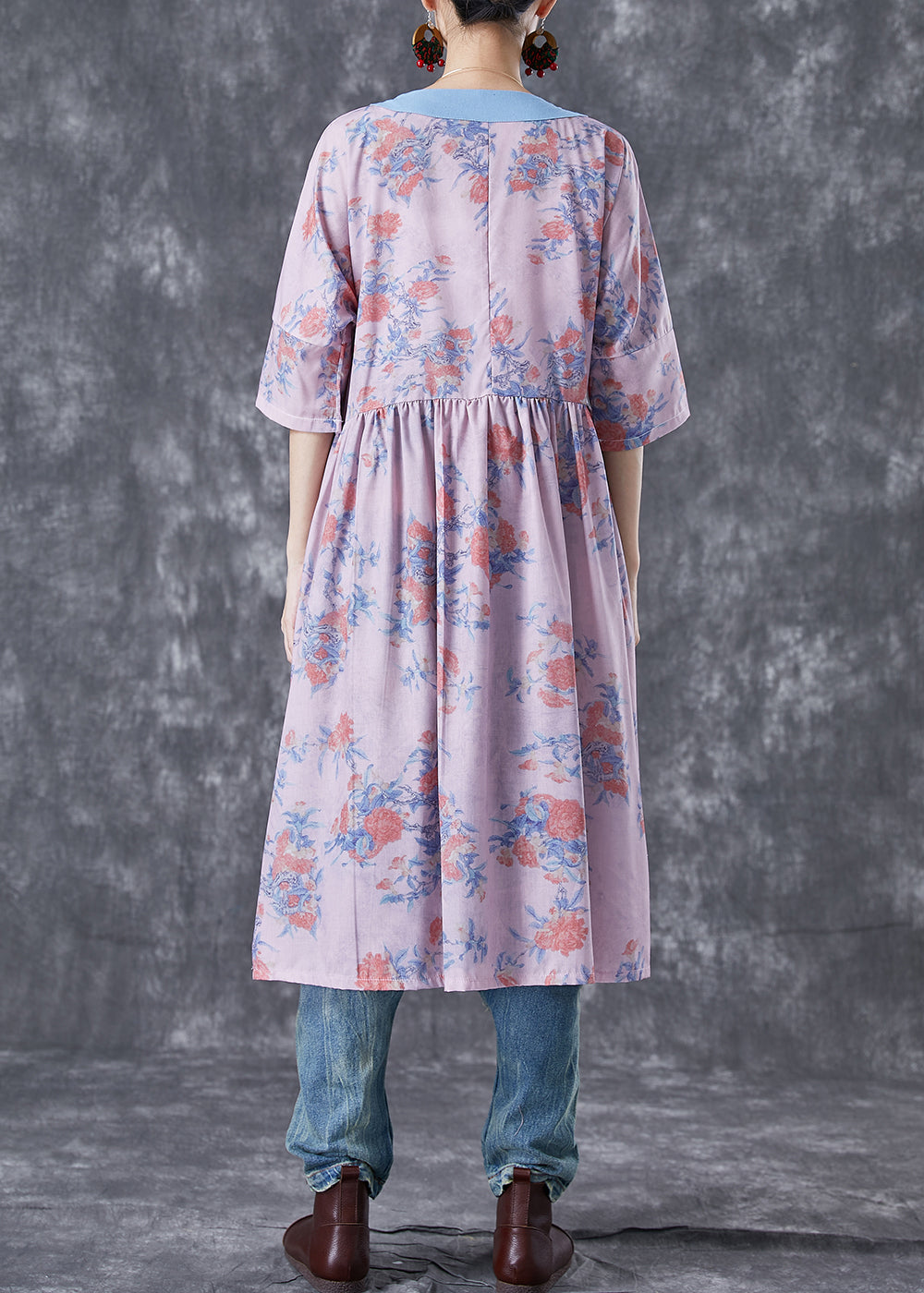 Natural Pink V Neck Patchwork Print Linen Robe Dresses Summer TA1038