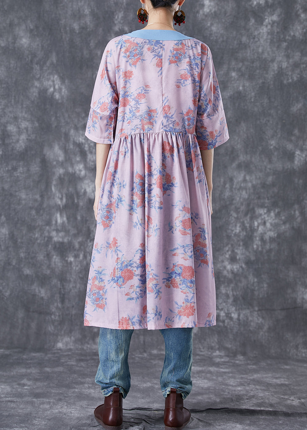 Natural Pink V Neck Patchwork Print Linen Robe Dresses Summer TA1038 - fabuloryshop