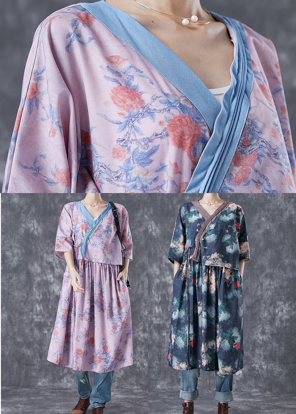 Natural Pink V Neck Patchwork Print Linen Robe Dresses Summer TA1038 - fabuloryshop