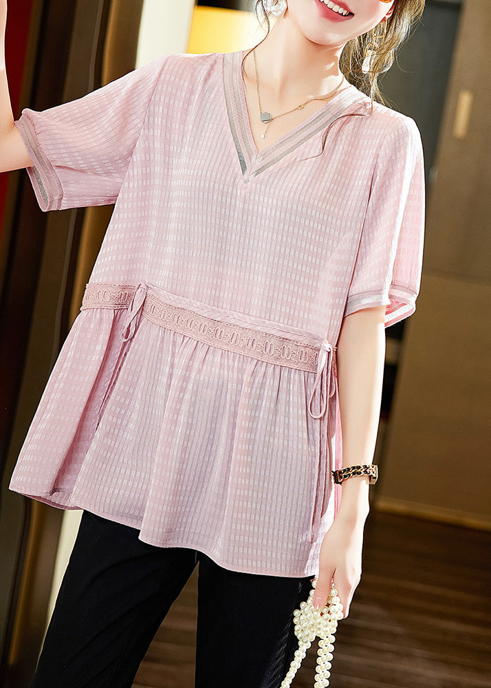 Natural Pink V Neck Plaid Solid Shirt Short Sleeve LY6198 - fabuloryshop