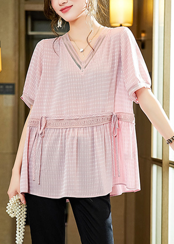 Natural Pink V Neck Plaid Solid Shirt Short Sleeve LY6198 - fabuloryshop