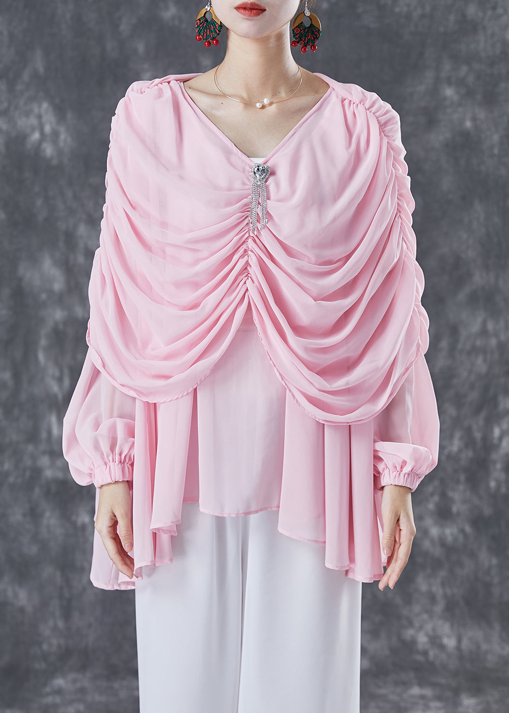 Natural Pink V Neck Wrinkled Chiffon Tops Summer TA1040 - fabuloryshop