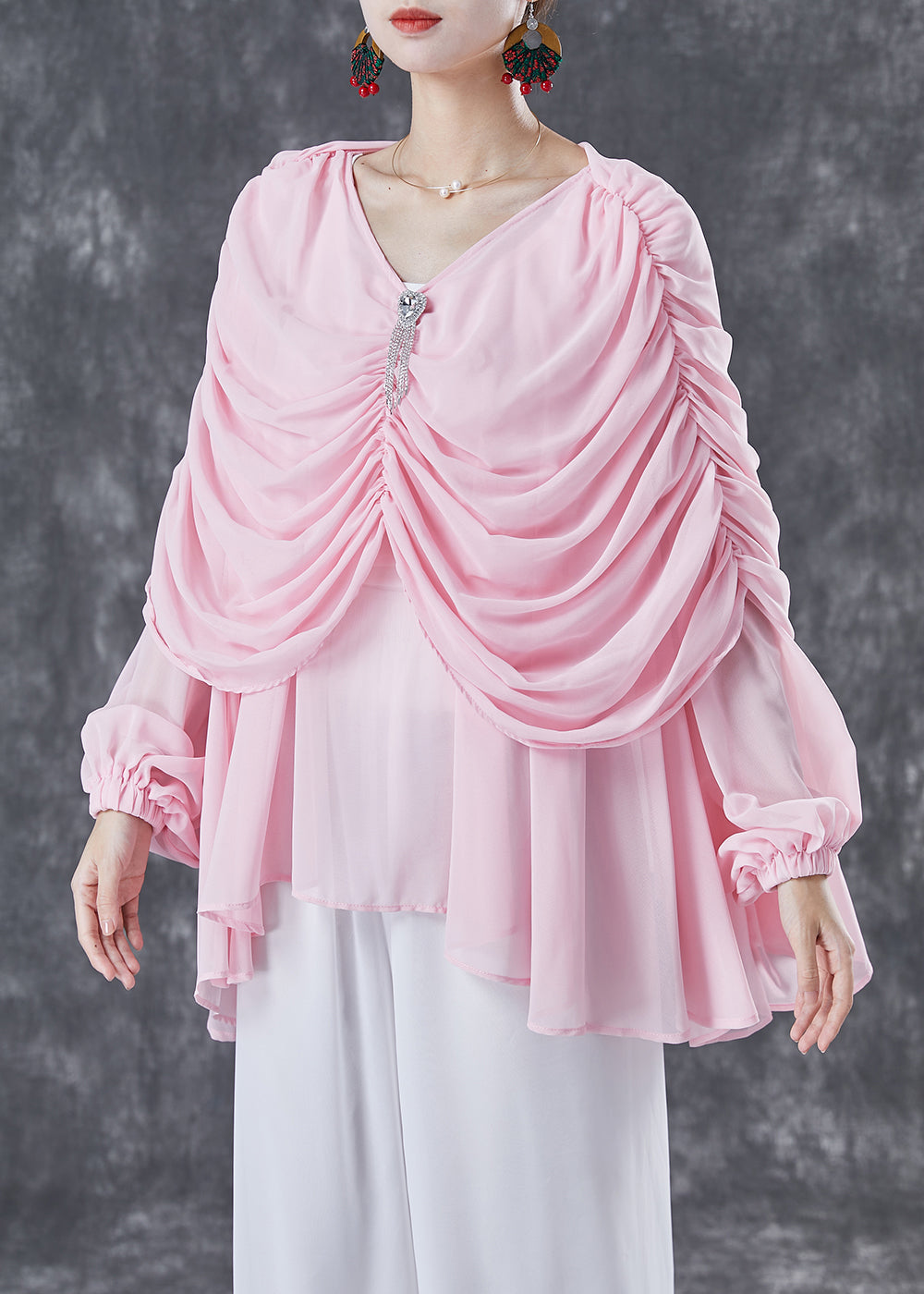 Natural Pink V Neck Wrinkled Chiffon Tops Summer TA1040 - fabuloryshop