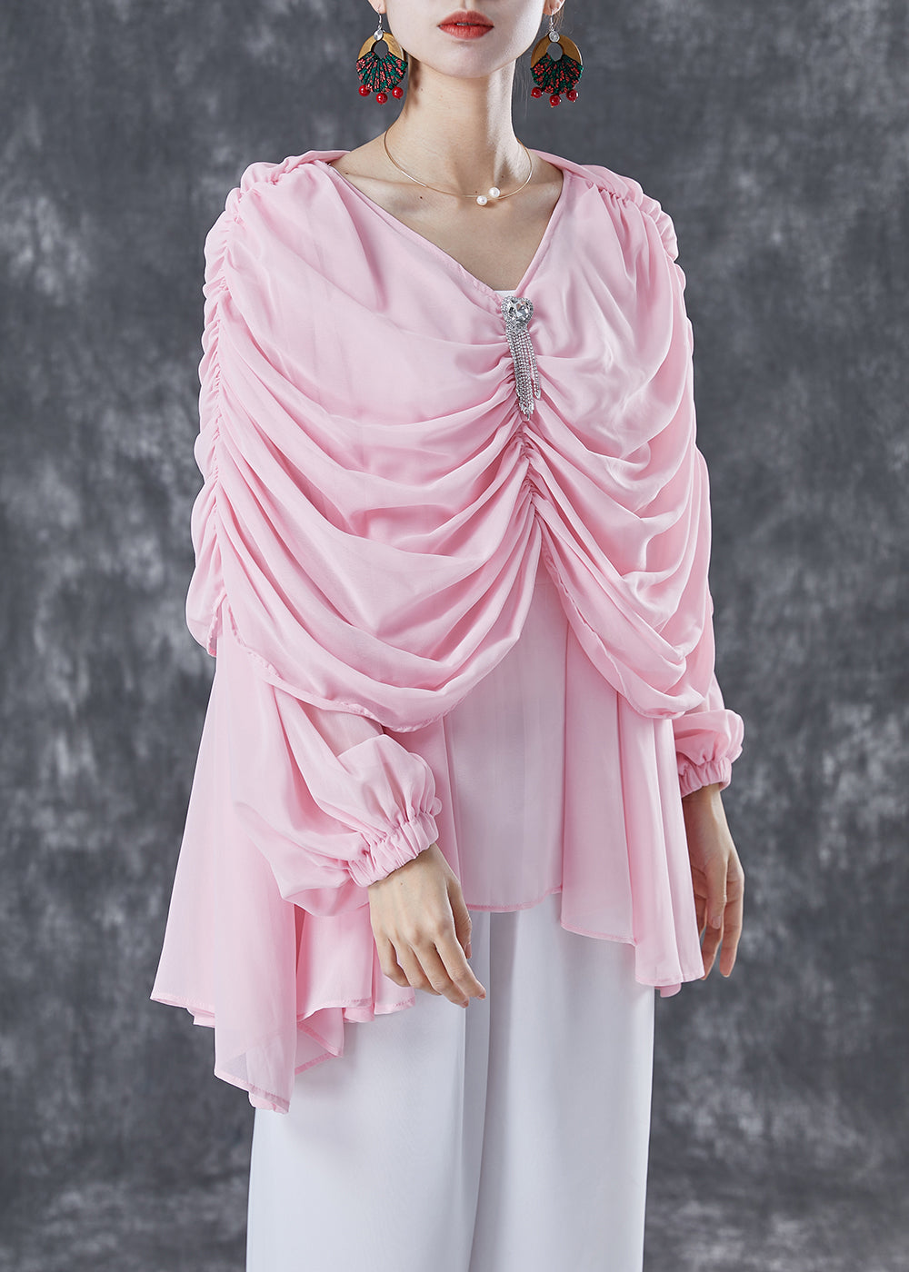 Natural Pink V Neck Wrinkled Chiffon Tops Summer TA1040 - fabuloryshop