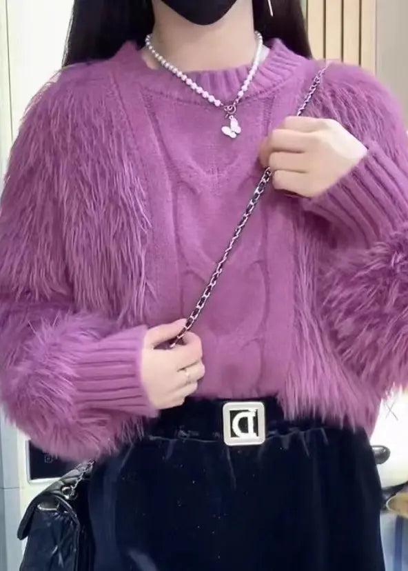 Natural Purple O Neck Tasseled Mink Hair Knitted Sweaters Fall Ada Fashion