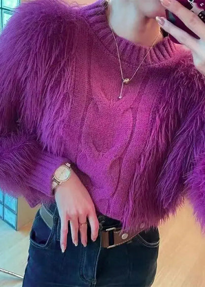 Natural Purple O Neck Tasseled Mink Hair Knitted Sweaters Fall Ada Fashion