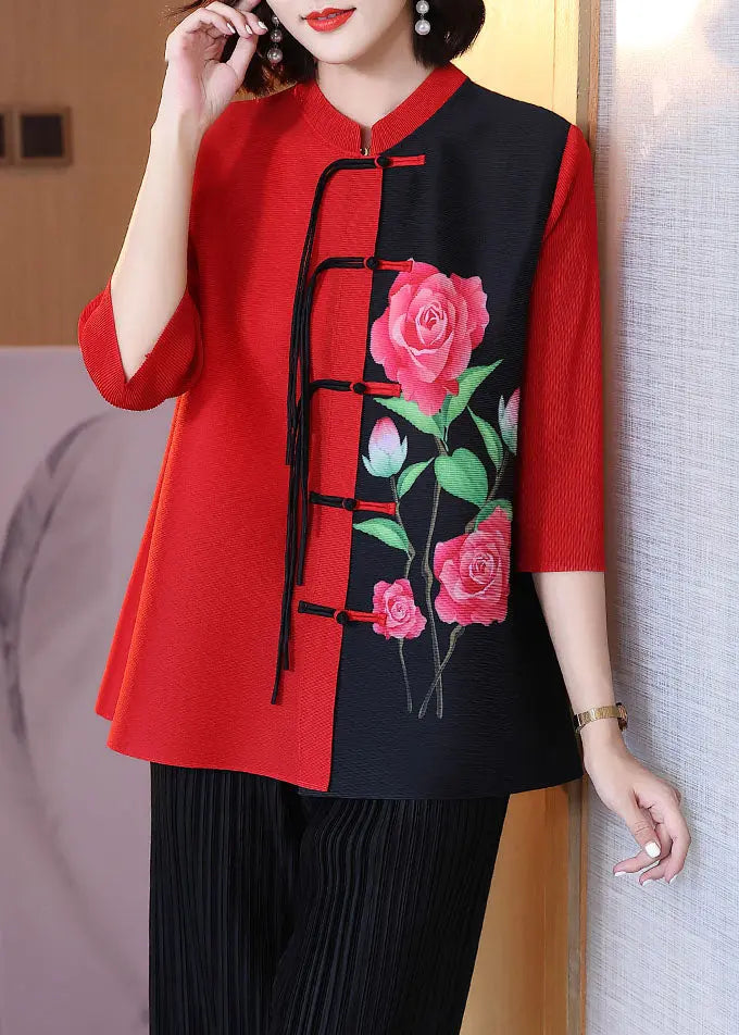 Natural Red Asymmetrical Print Button Shirt Fall Ada Fashion