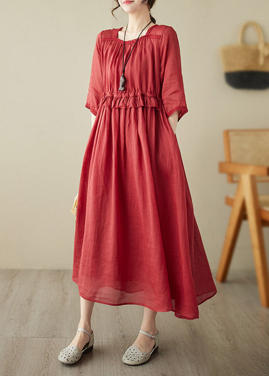Natural Red O-Neck Ruffled Patchwork Tunic Chiffon Long Dress Short Sleeve LY3001