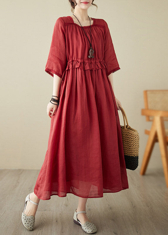 Natural Red O-Neck Ruffled Patchwork Tunic Chiffon Long Dress Short Sleeve LY3001 - fabuloryshop