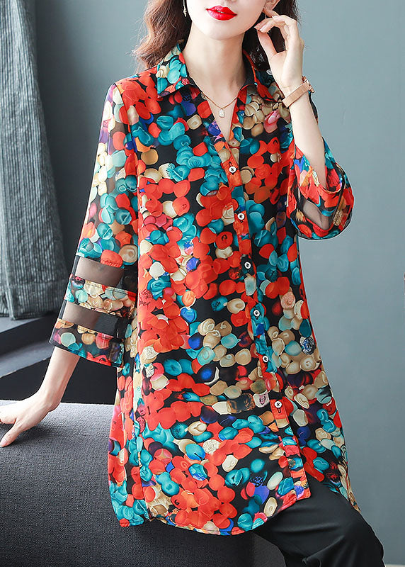 Natural Red Peter Pan Collar Print Patchwork Chiffon Shirts Tops Bracelet Sleeve TF1033 - fabuloryshop