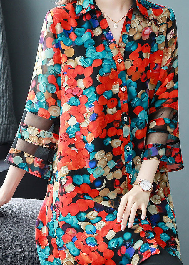 Natural Red Peter Pan Collar Print Patchwork Chiffon Shirts Tops Bracelet Sleeve TF1033 - fabuloryshop