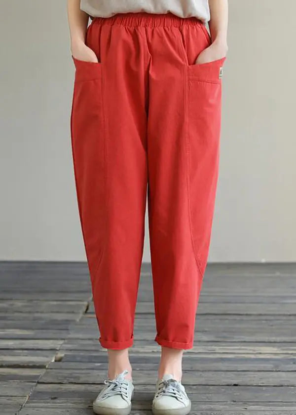 Natural Red Pockets Elastic Waist Cotton Crop Pants Fall Ada Fashion