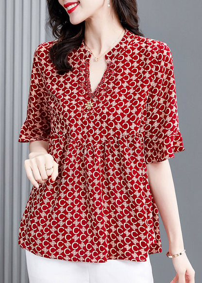 Natural Red V Neck Print Shirt Half Sleeve LY1531 - fabuloryshop