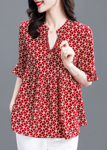 Natural Red V Neck Print Shirt Half Sleeve LY1531 - fabuloryshop