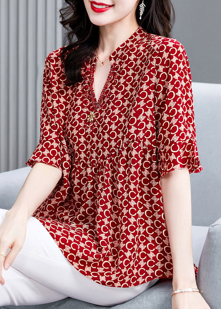 Natural Red V Neck Print Shirt Half Sleeve LY1531 - fabuloryshop