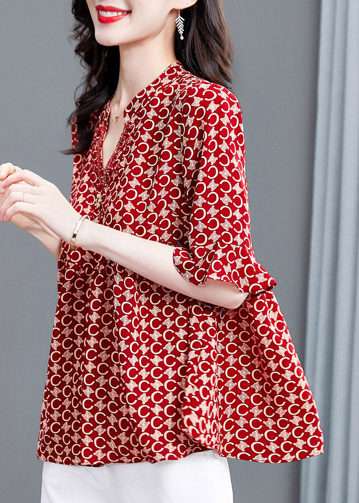 Natural Red V Neck Print Shirt Half Sleeve LY1531 - fabuloryshop