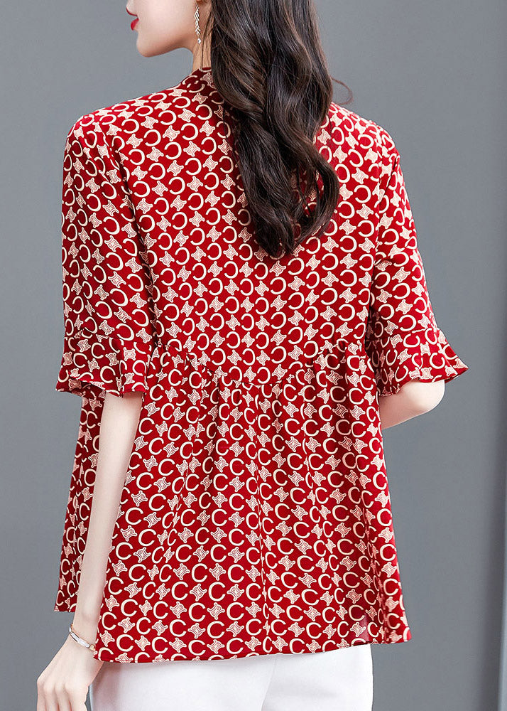 Natural Red V Neck Print Shirt Half Sleeve LY1531 - fabuloryshop