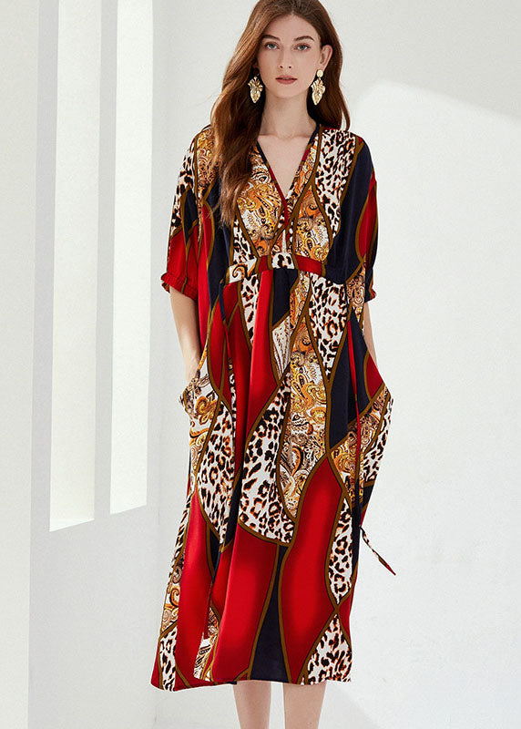 Natural Red V Neck Wrinkled Pockets Print Cotton Dresses Summer LY0020 - fabuloryshop