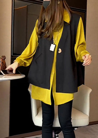 Natural V Neck Black Waistcoat And Yellow Shirts Two Pieces Set Fall Ada Fashion