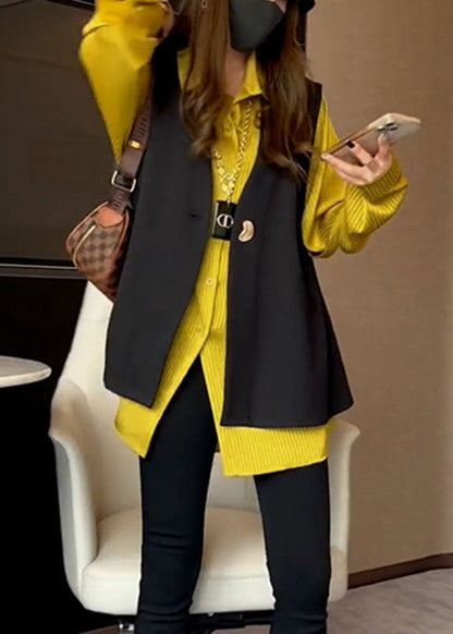 Natural V Neck Black Waistcoat And Yellow Shirts Two Pieces Set Fall Ada Fashion