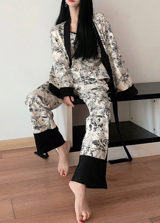 Natural V Neck Print Patchwork Ice Silk Pajamas Three Pieces Set Spring TO1007