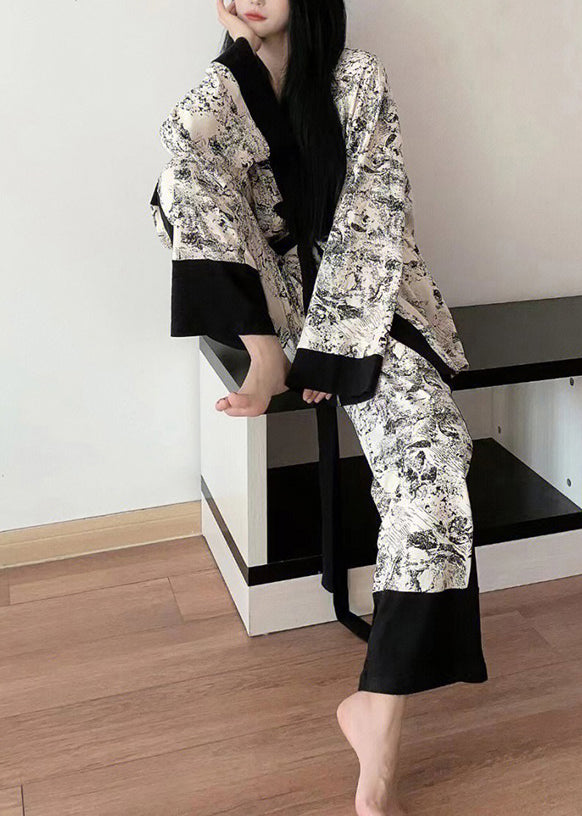 Natural V Neck Print Patchwork Ice Silk Pajamas Three Pieces Set Spring TO1007 - fabuloryshop