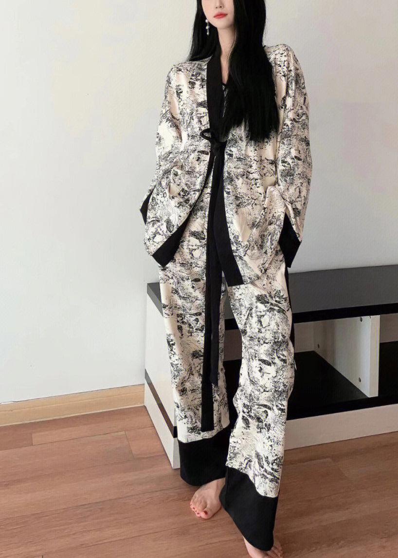 Natural V Neck Print Patchwork Ice Silk Pajamas Three Pieces Set Spring TO1007 - fabuloryshop