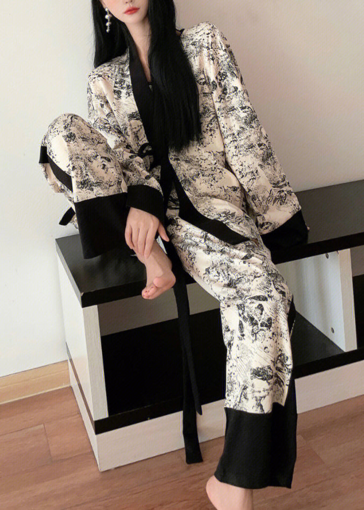 Natural V Neck Print Patchwork Ice Silk Pajamas Three Pieces Set Spring TO1007 - fabuloryshop